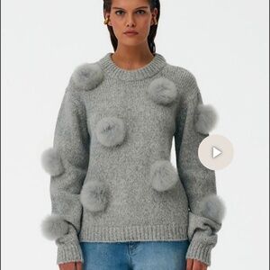 TIBI Alpaca Pompom Sweater – Heather Grey (S)